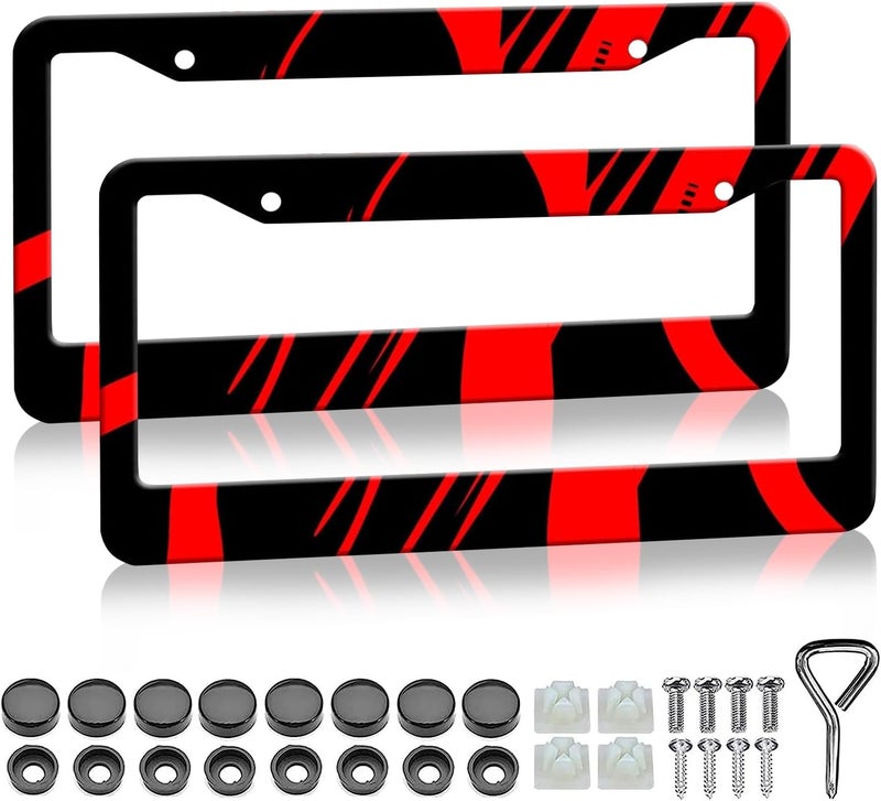 LIN KANG Red and Black License Plate Frames Holder - 2 Pack Black Red Aluminum Metal License Plate Frame Car Tag Frame Holder Front Rear Decorative with Screws Fasteners Caps - Image 1